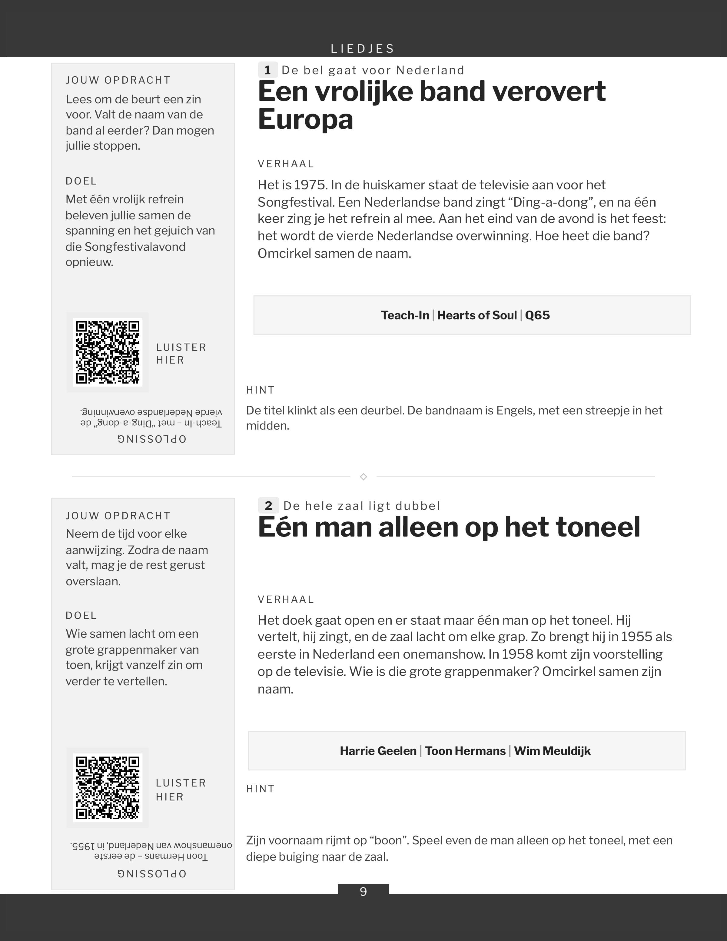 Een pagina uit de rubriek Liedjes: twee spellen en hun vierkantje om te fotograferen