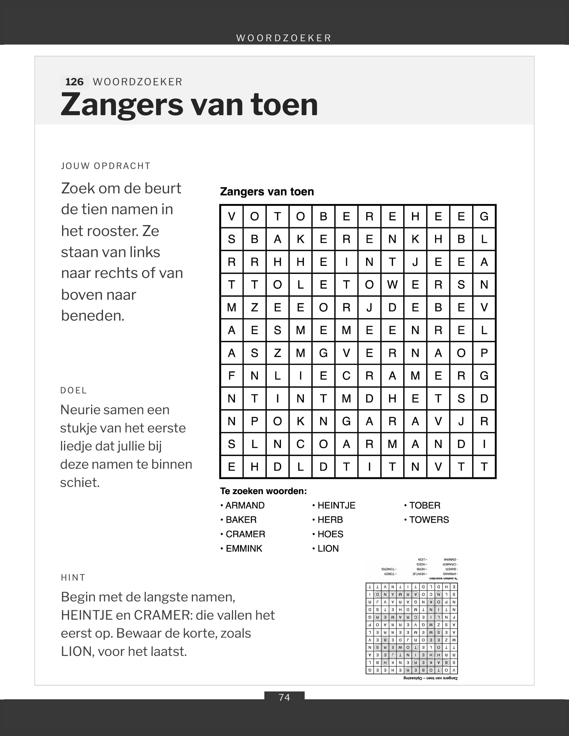 Een woordzoekerrooster, in te vullen met potlood
