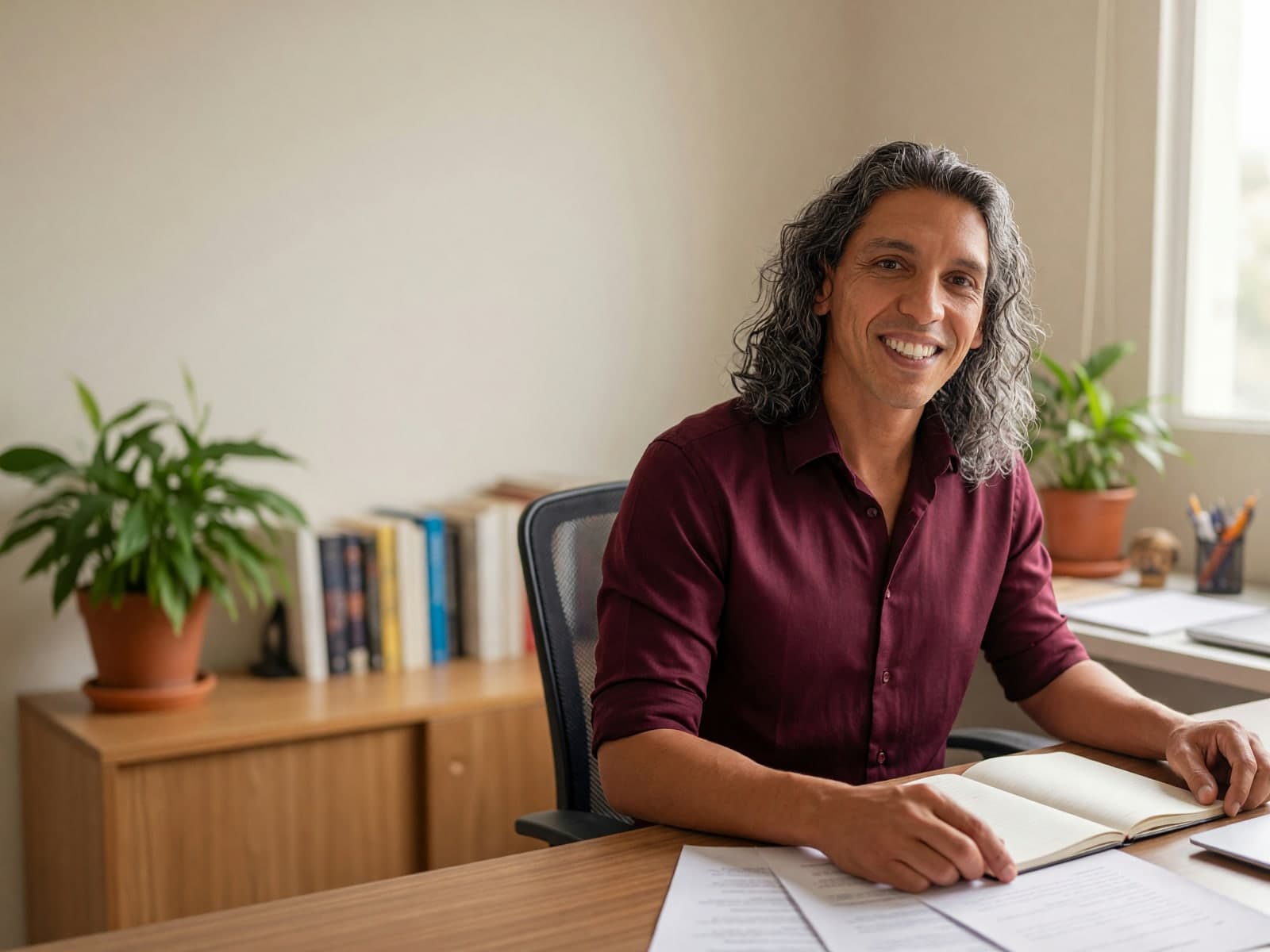 Yvan Keyna aan zijn bureau, met een opengeslagen boek voor zich