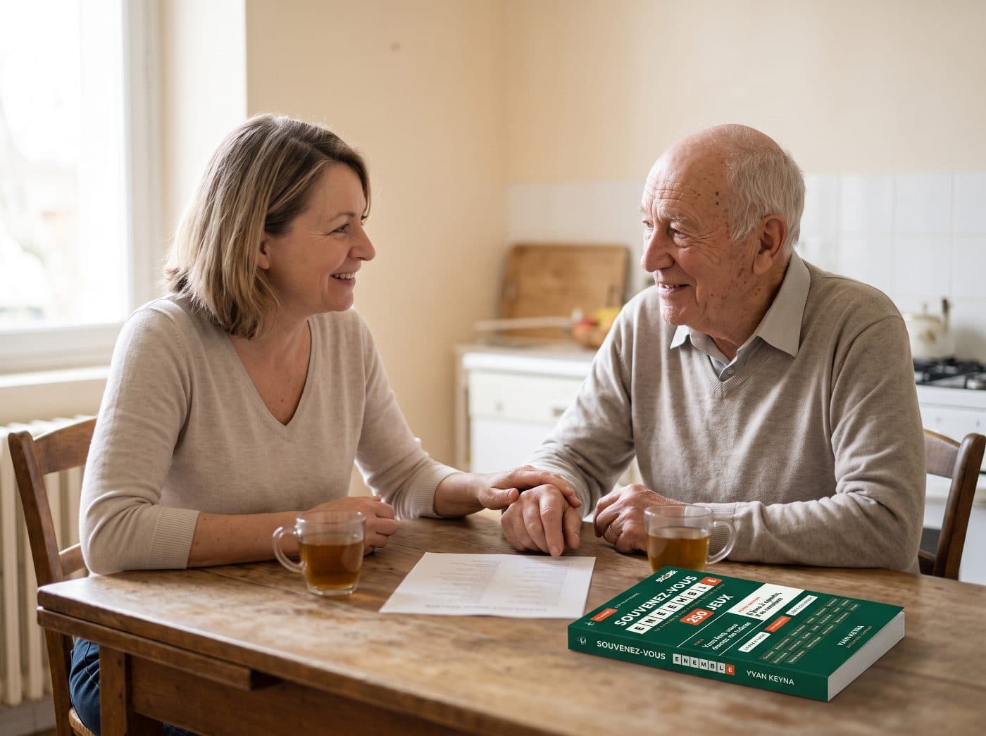 Een vrouw en haar vader aan de keukentafel, met het spellenboek voor zich